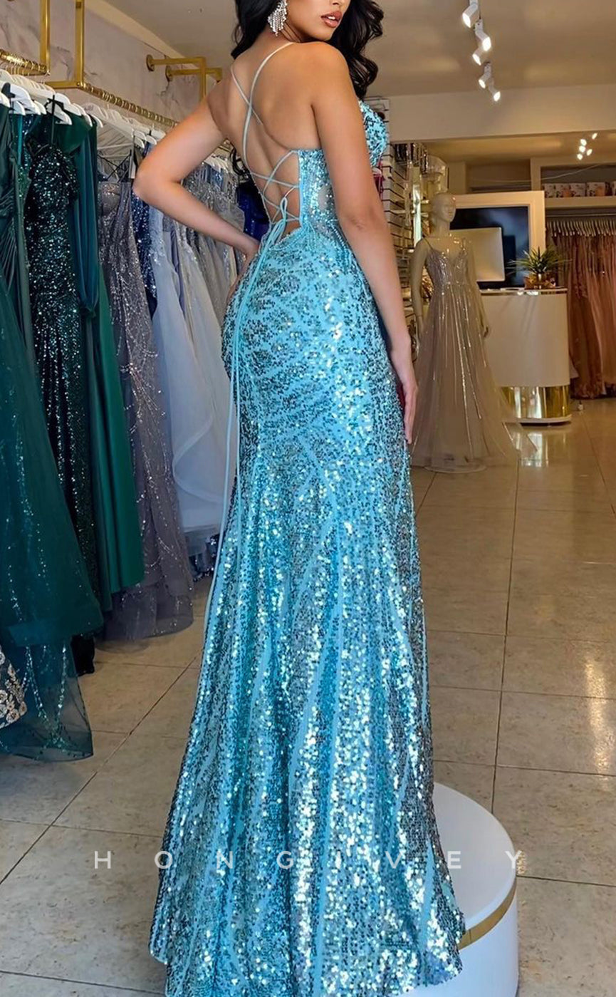 L1496 - Chic Satin Glitter V-Neck Spaghetti Straps With Side Slit Party Prom Evening Dress - Fashionpara