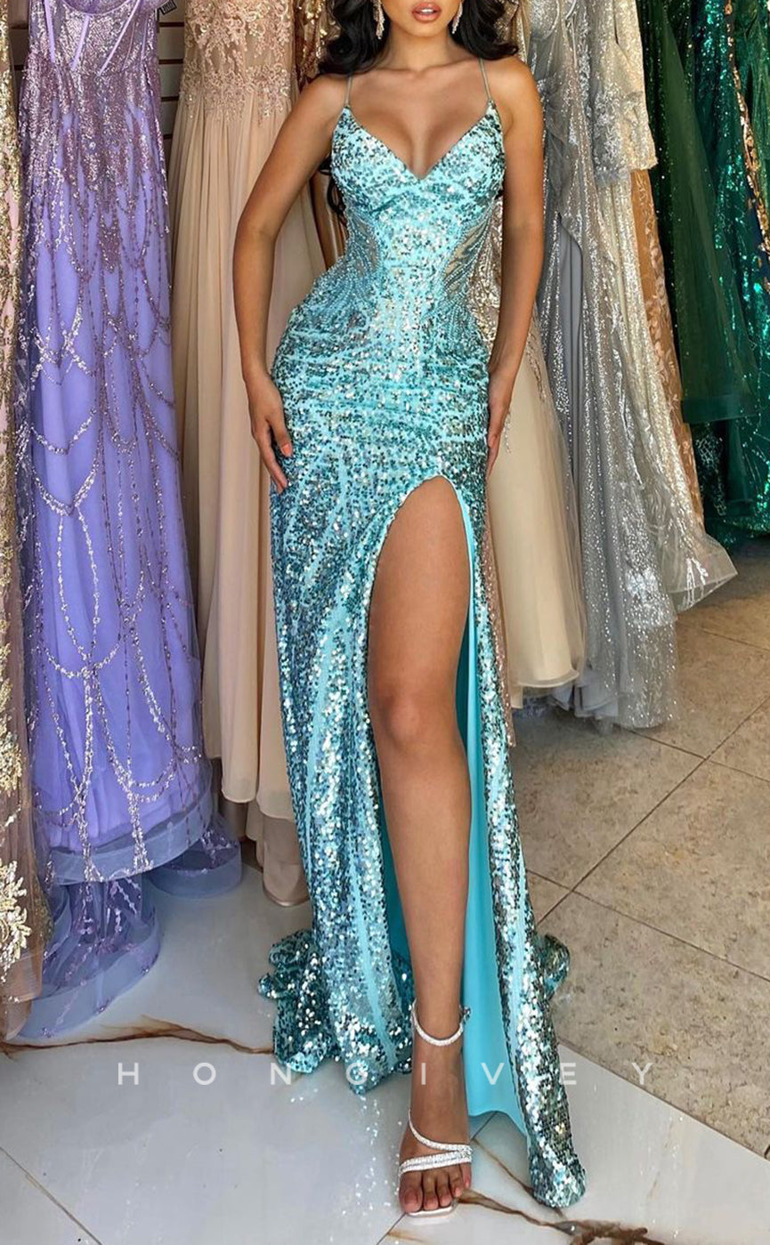 L1496 - Chic Satin Glitter V-Neck Spaghetti Straps With Side Slit Party Prom Evening Dress - Fashionpara