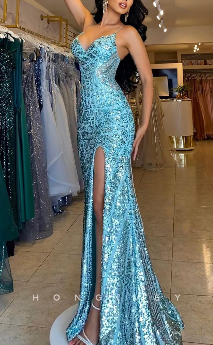 L1496 - Chic Satin Glitter V-Neck Spaghetti Straps With Side Slit Party Prom Evening Dress - Fashionpara