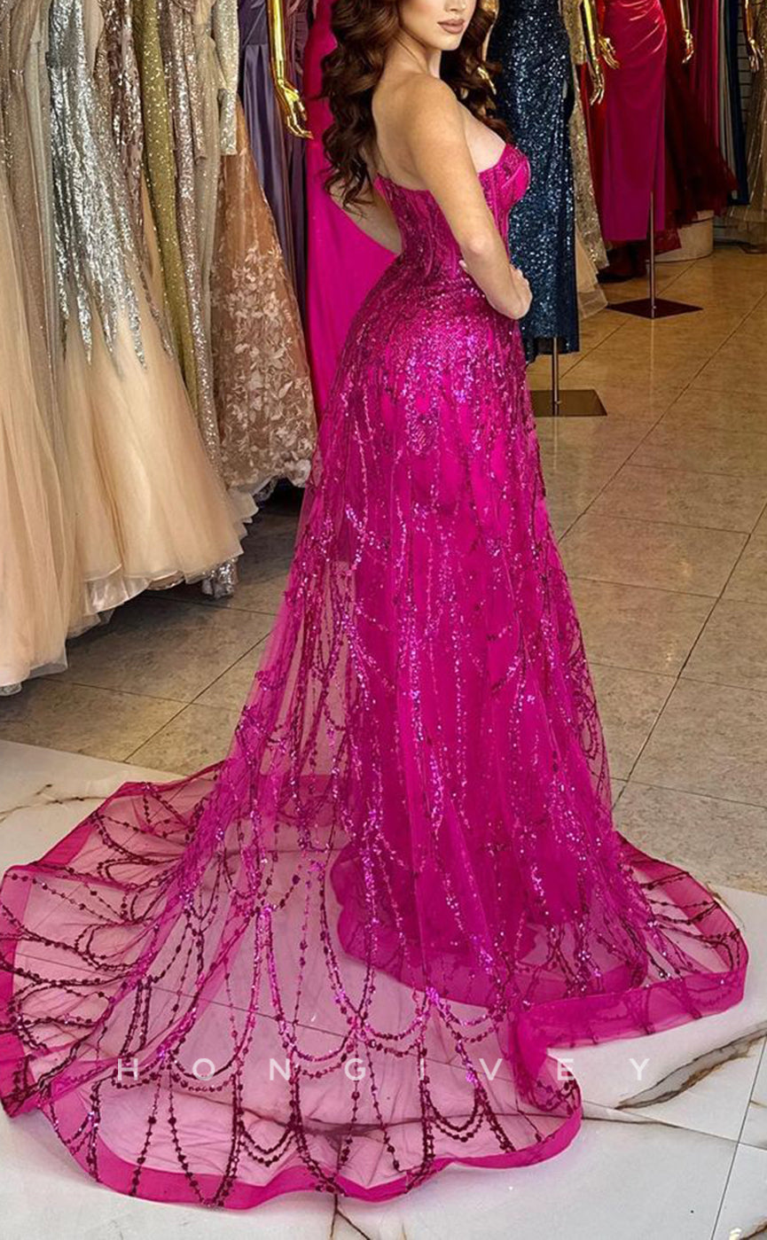 L1635 - Chic Satin Glitter Sweetheart Strapless Sleeveless Sequined With Train Party Prom Evening Dress - Fashionpara
