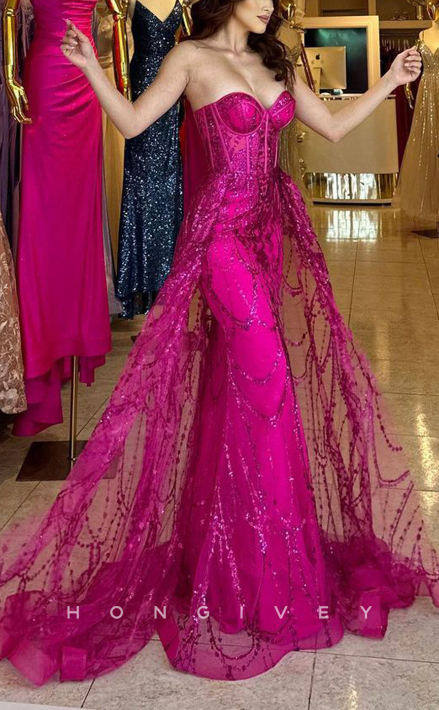 L1635 - Chic Satin Glitter Sweetheart Strapless Sleeveless Sequined With Train Party Prom Evening Dress - Fashionpara