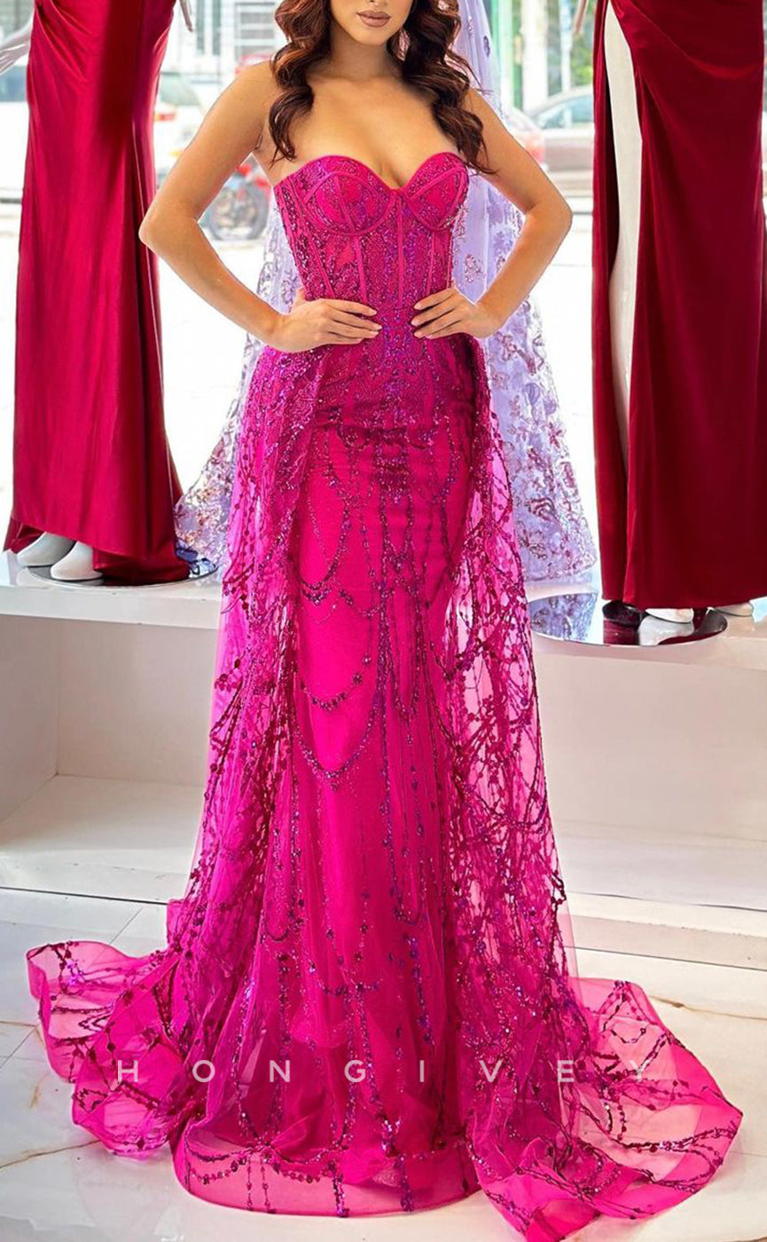 L1635 - Chic Satin Glitter Sweetheart Strapless Sleeveless Sequined With Train Party Prom Evening Dress - Fashionpara