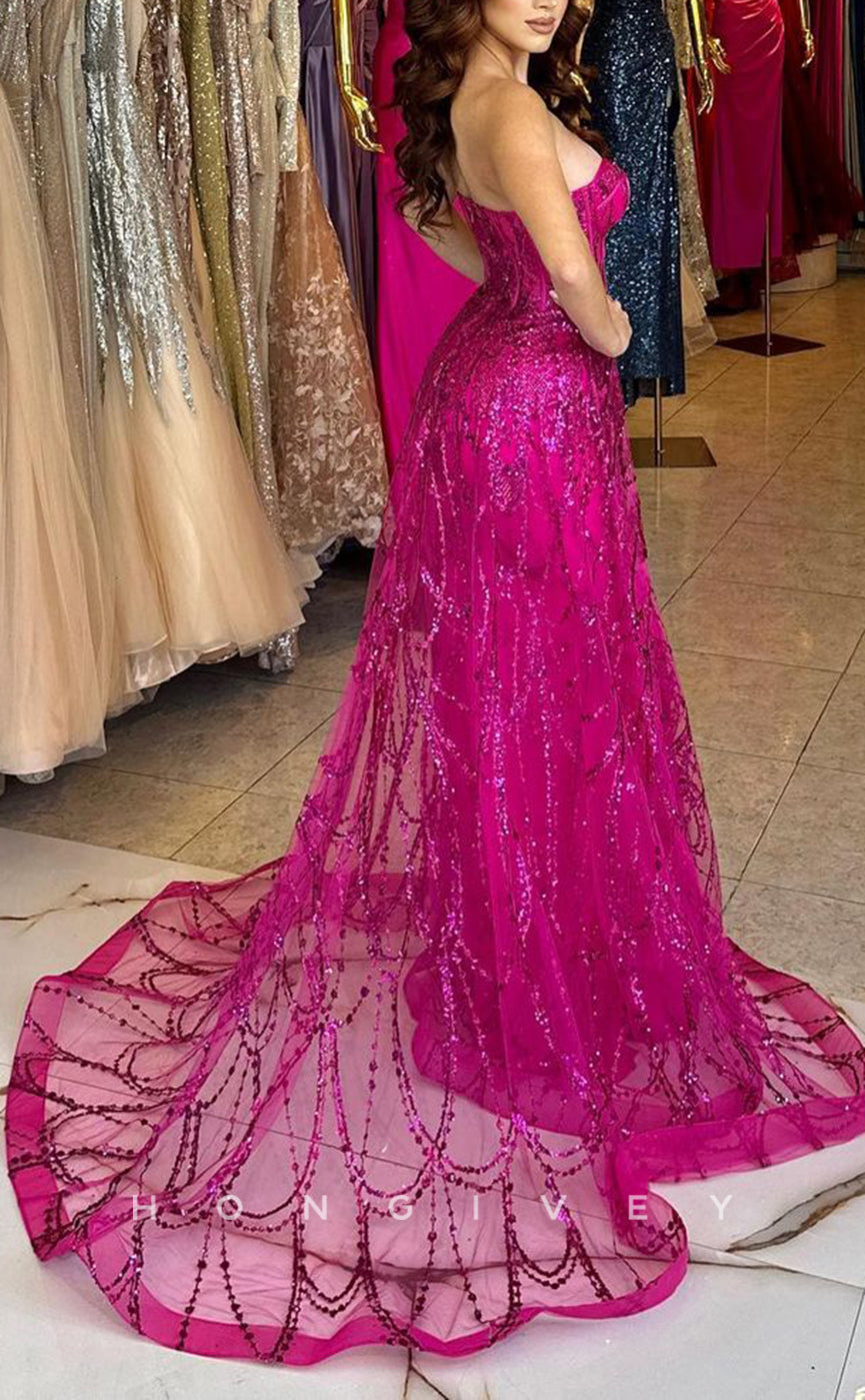 L1635 - Chic Satin Glitter Sweetheart Strapless Sleeveless Sequined With Train Party Prom Evening Dress - Fashionpara