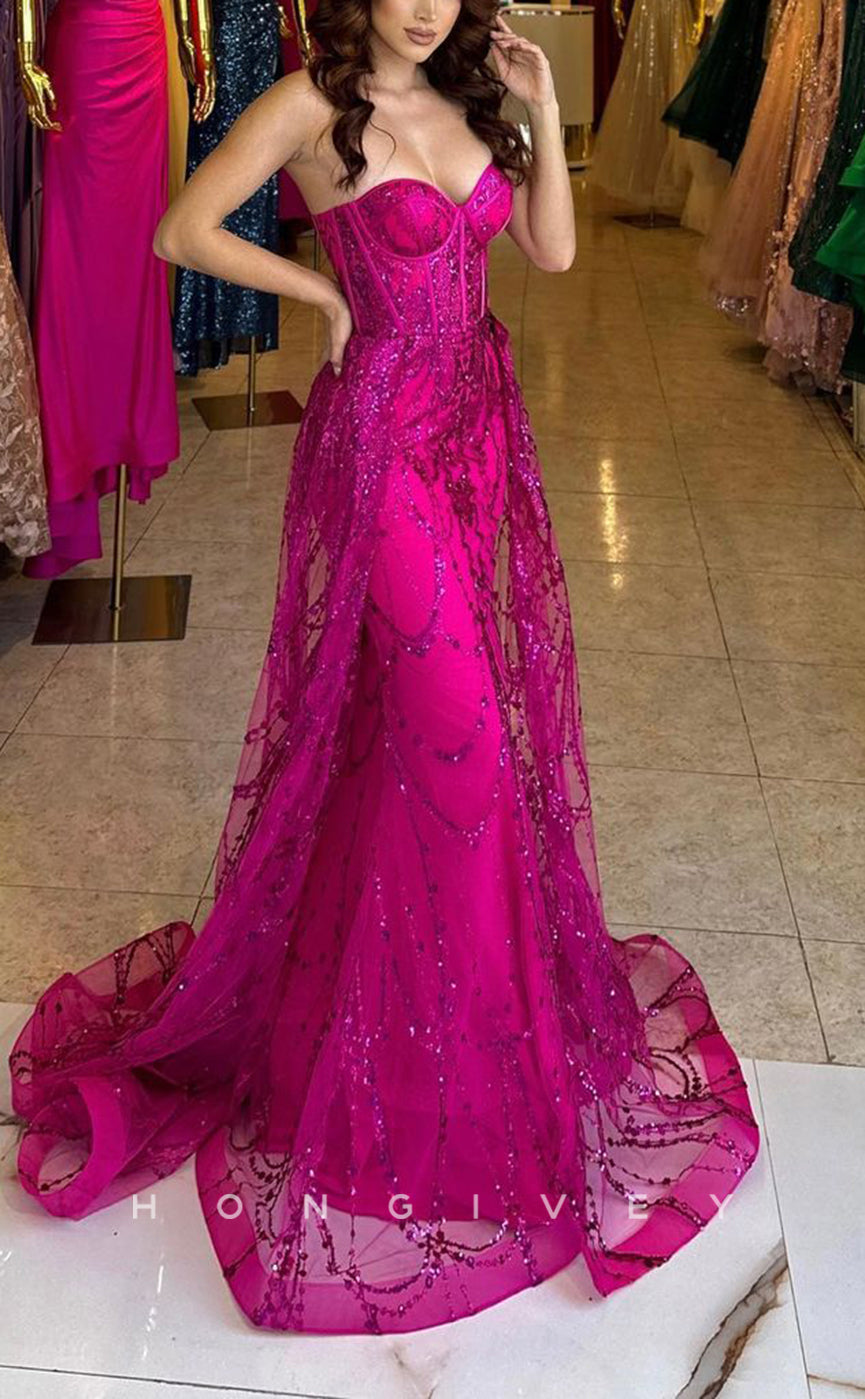 L1635 - Chic Satin Glitter Sweetheart Strapless Sleeveless Sequined With Train Party Prom Evening Dress - Fashionpara