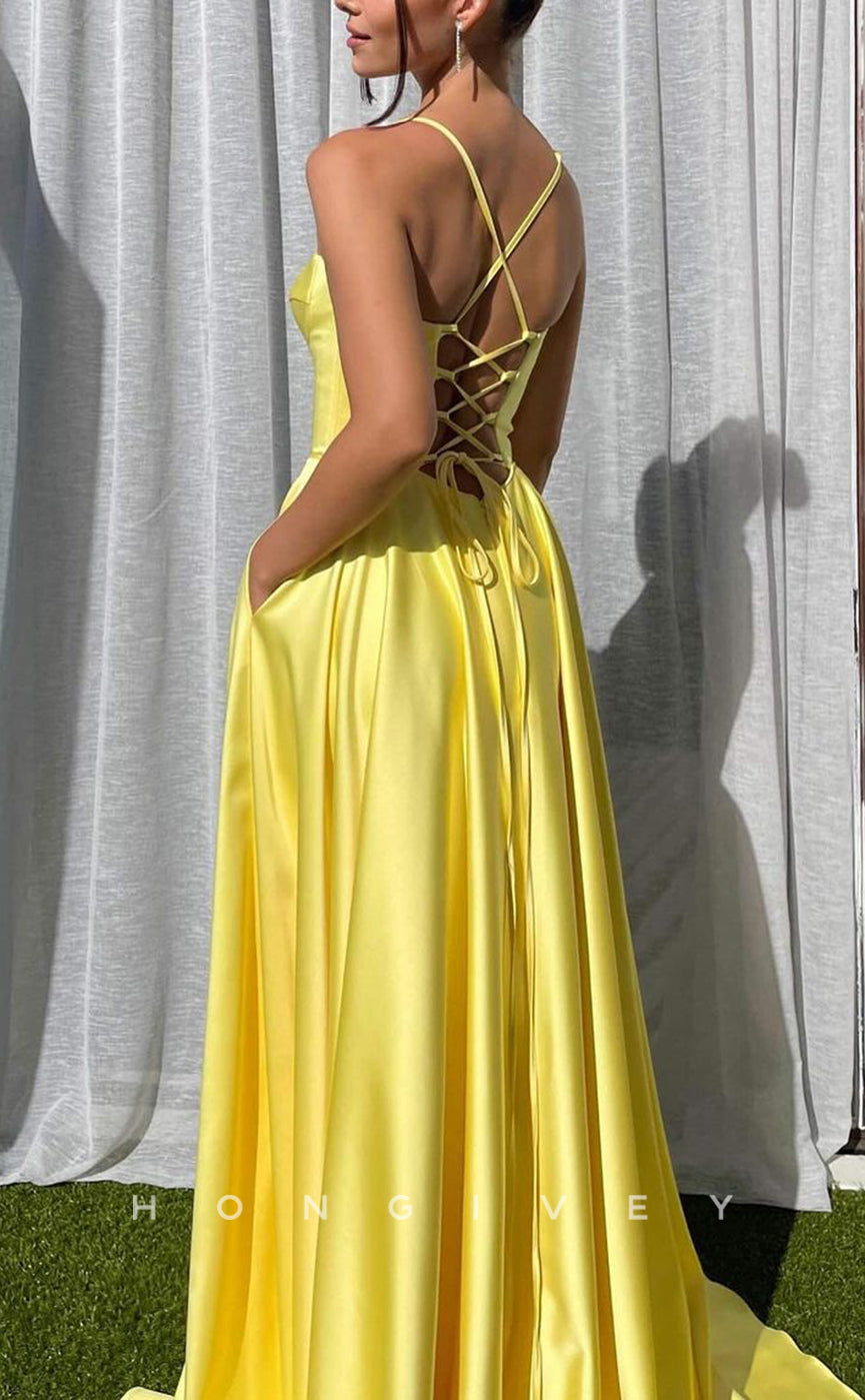 L1638 - Sexy A-Line Satin Plunging Illusion Spaghetti Straps Empire With Side Slit Party Prom Evening Dress - Fashionpara