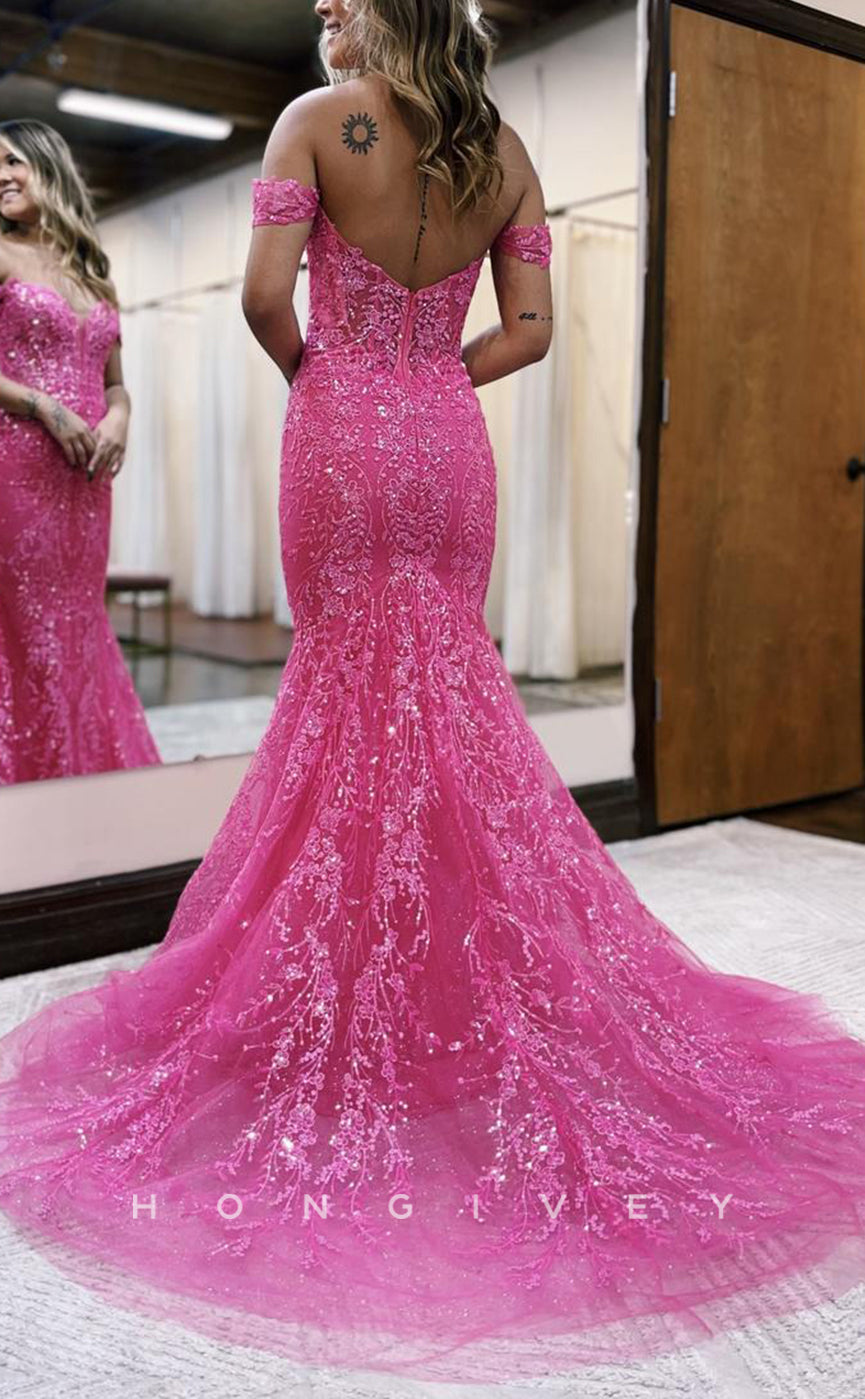 L1646 - Sexy Fitted Glitter Off-Shoulder Appliques With Train Party Prom Evening Dress - Fashionpara