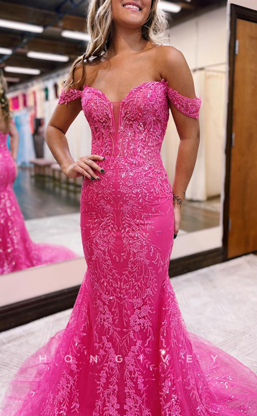 L1646 - Sexy Fitted Glitter Off-Shoulder Appliques With Train Party Prom Evening Dress - Fashionpara