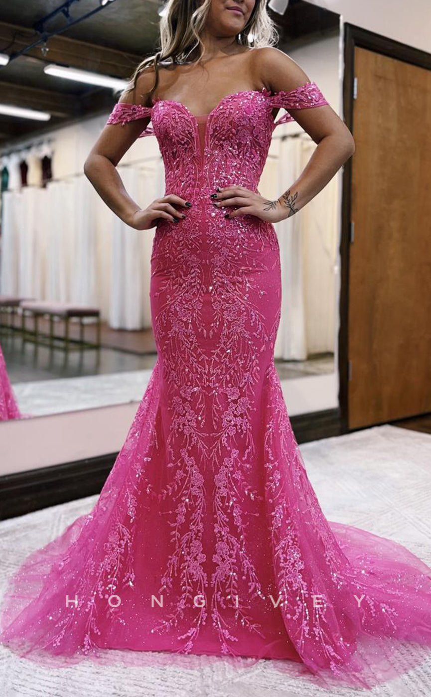 L1646 - Sexy Fitted Glitter Off-Shoulder Appliques With Train Party Prom Evening Dress - Fashionpara