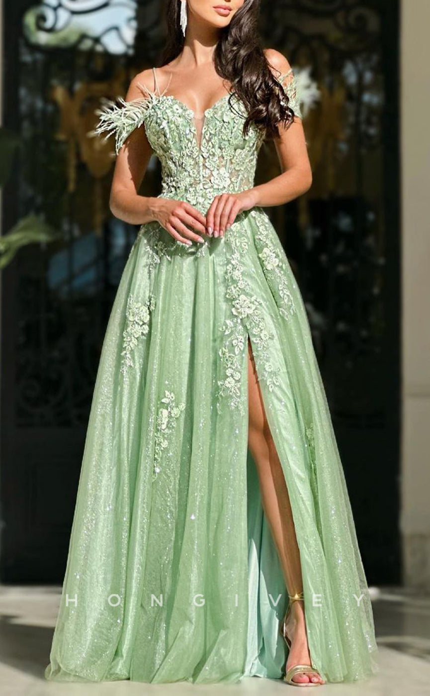 L1651 - Sexy A-Line Satin Off-Shoulder Empire Feathers Appliques With Side Slit Party Prom Evening Dress - Fashionpara