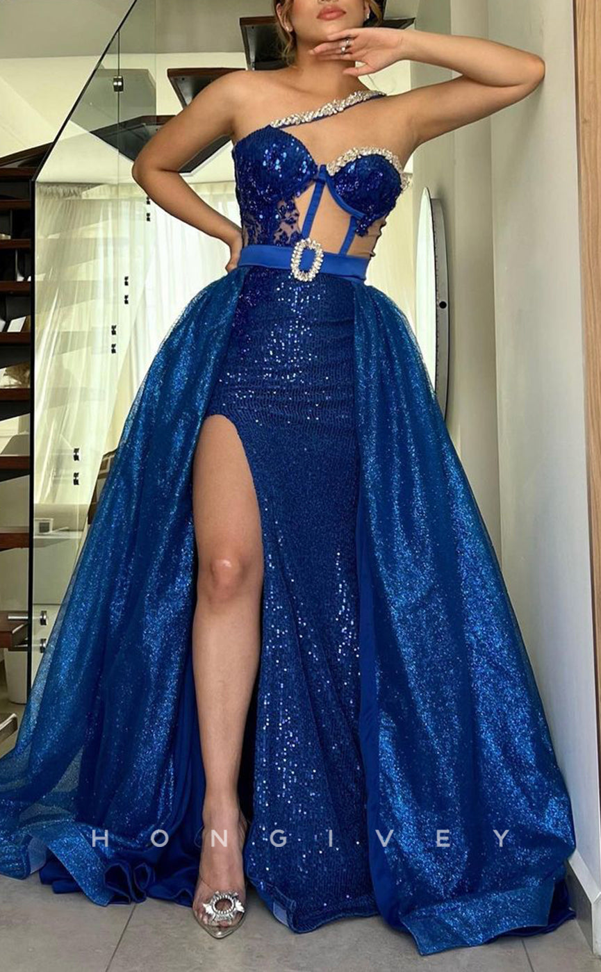 L1657 - Chic Fitted Glitter Sweetheart Straps Illusion Belt With Overskirt Party Prom Evening Dress - Fashionpara