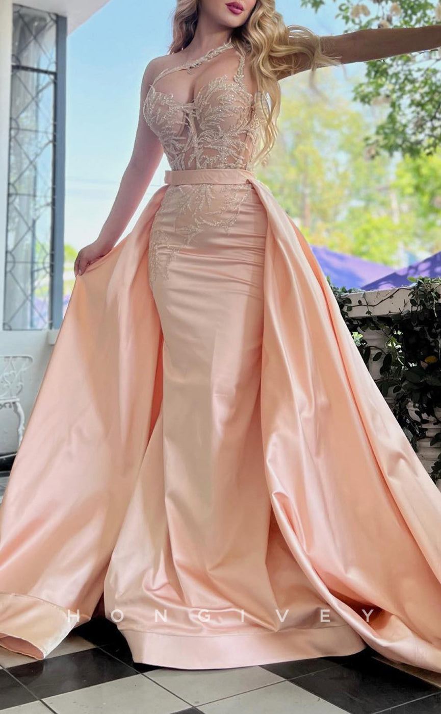 L1659 - Sexy Satin Fitted Illusion Sweetheart One Shoulder With Overskirt Party Prom Evening Dress - Fashionpara