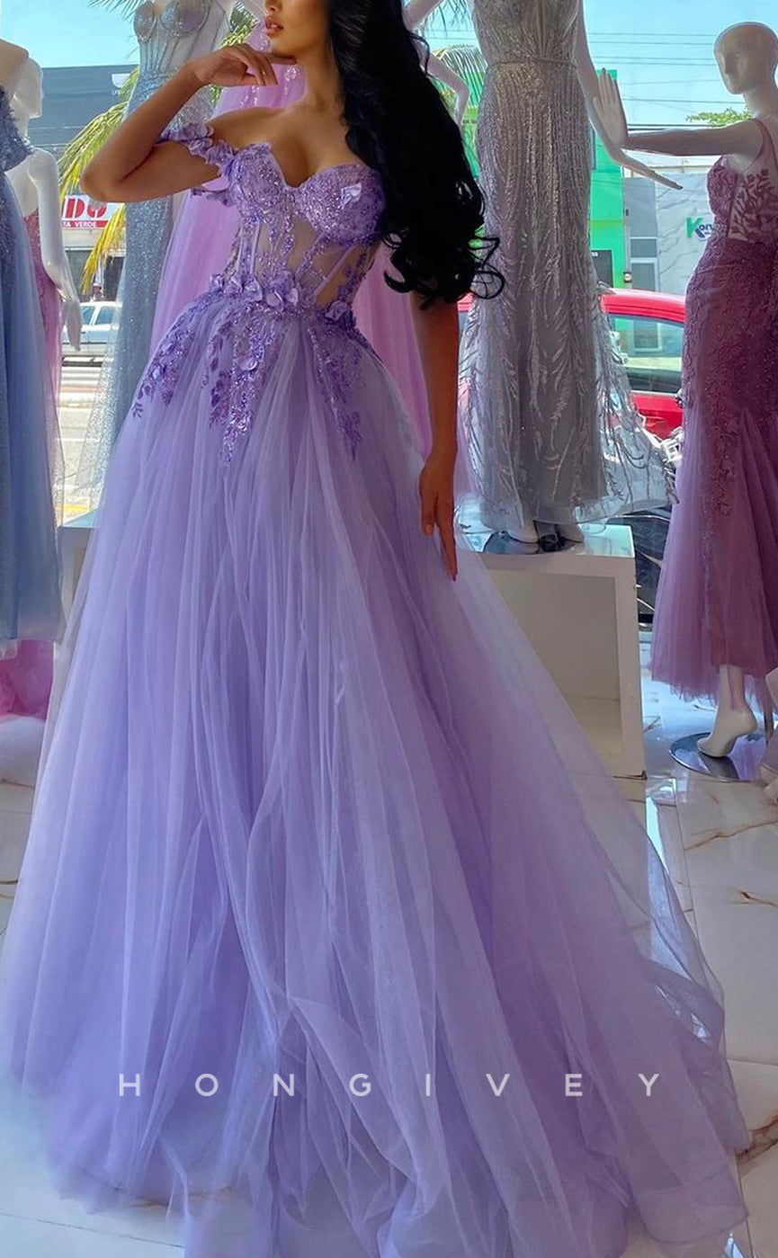 L1660 - Sexy A-Line Illusion Tulle Off-Shoulder Appliques Floral Empire Party Prom Evening Dress - Fashionpara