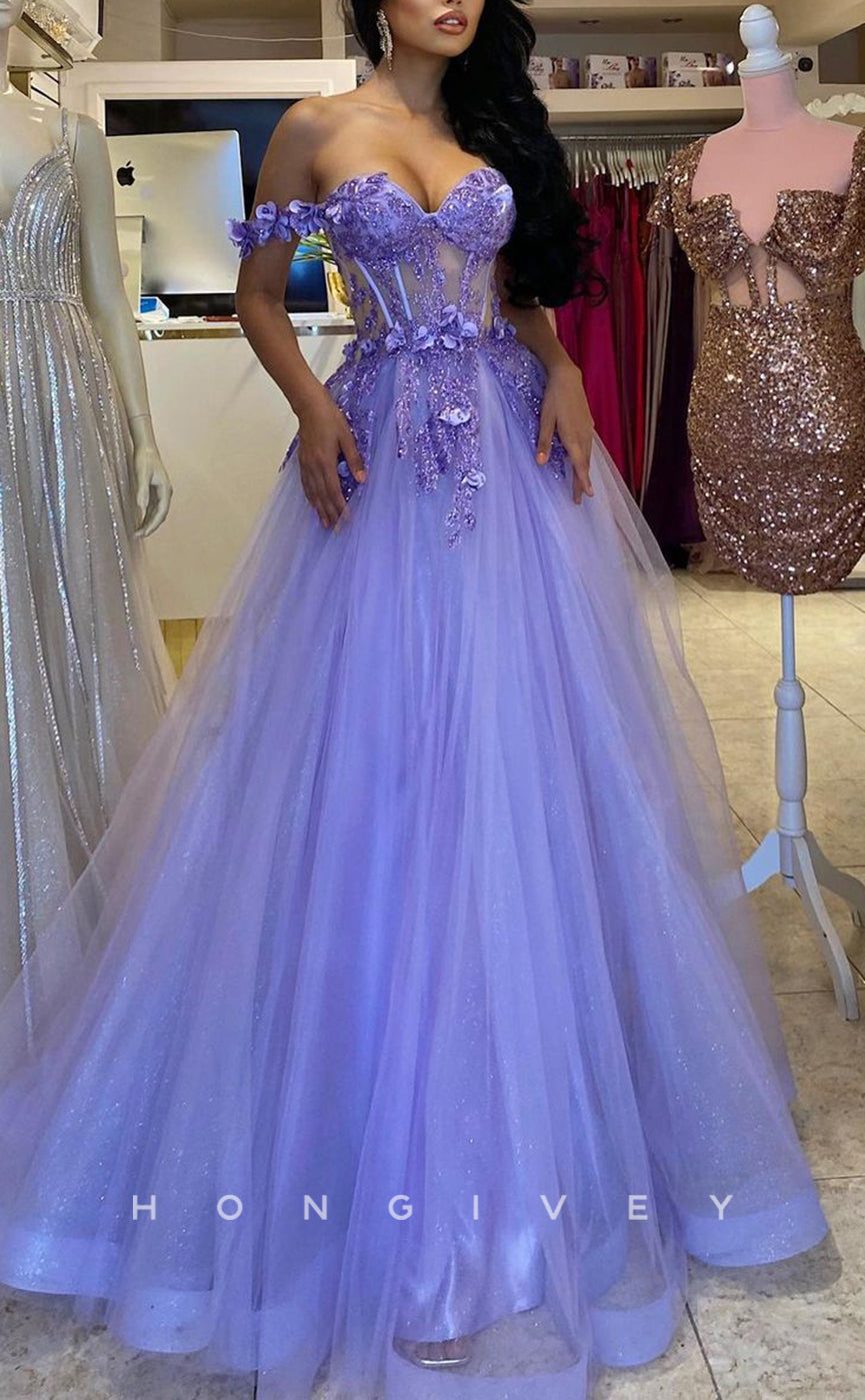 L1660 - Sexy A-Line Illusion Tulle Off-Shoulder Appliques Floral Empire Party Prom Evening Dress - Fashionpara