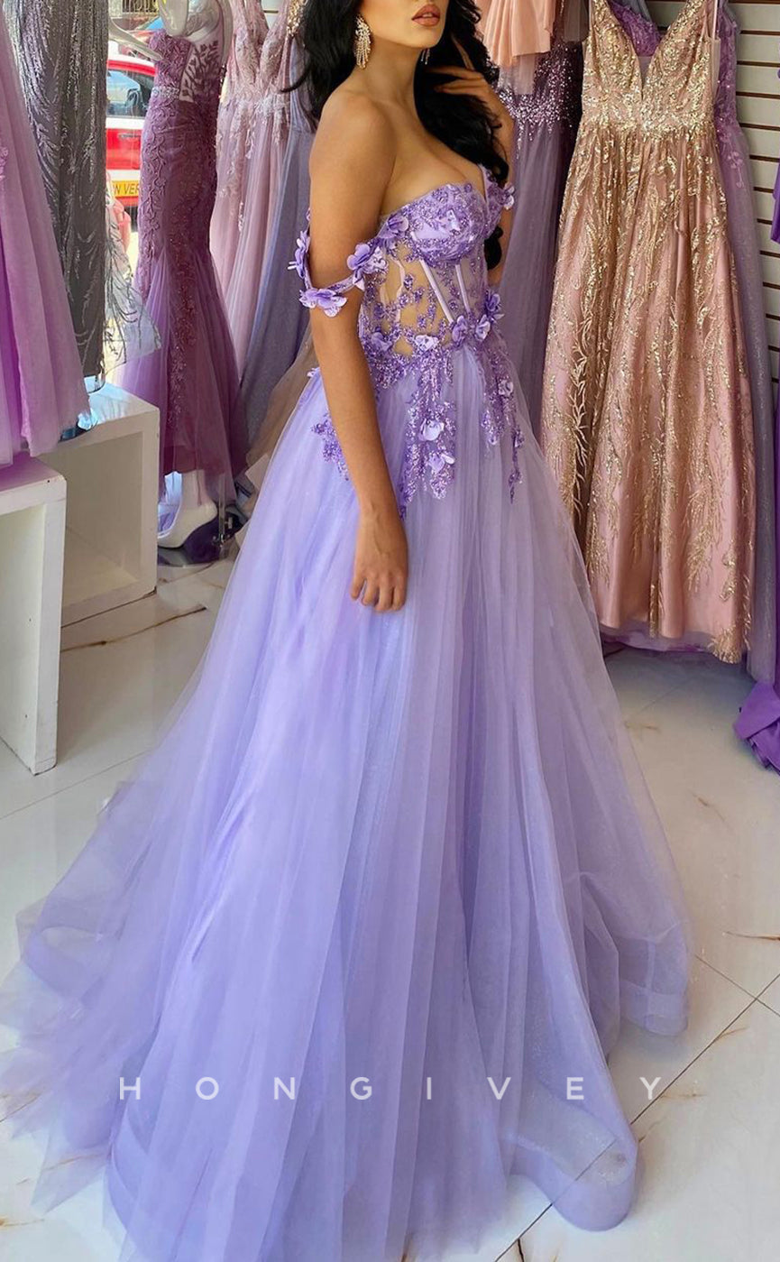 L1660 - Sexy A-Line Illusion Tulle Off-Shoulder Appliques Floral Empire Party Prom Evening Dress - Fashionpara