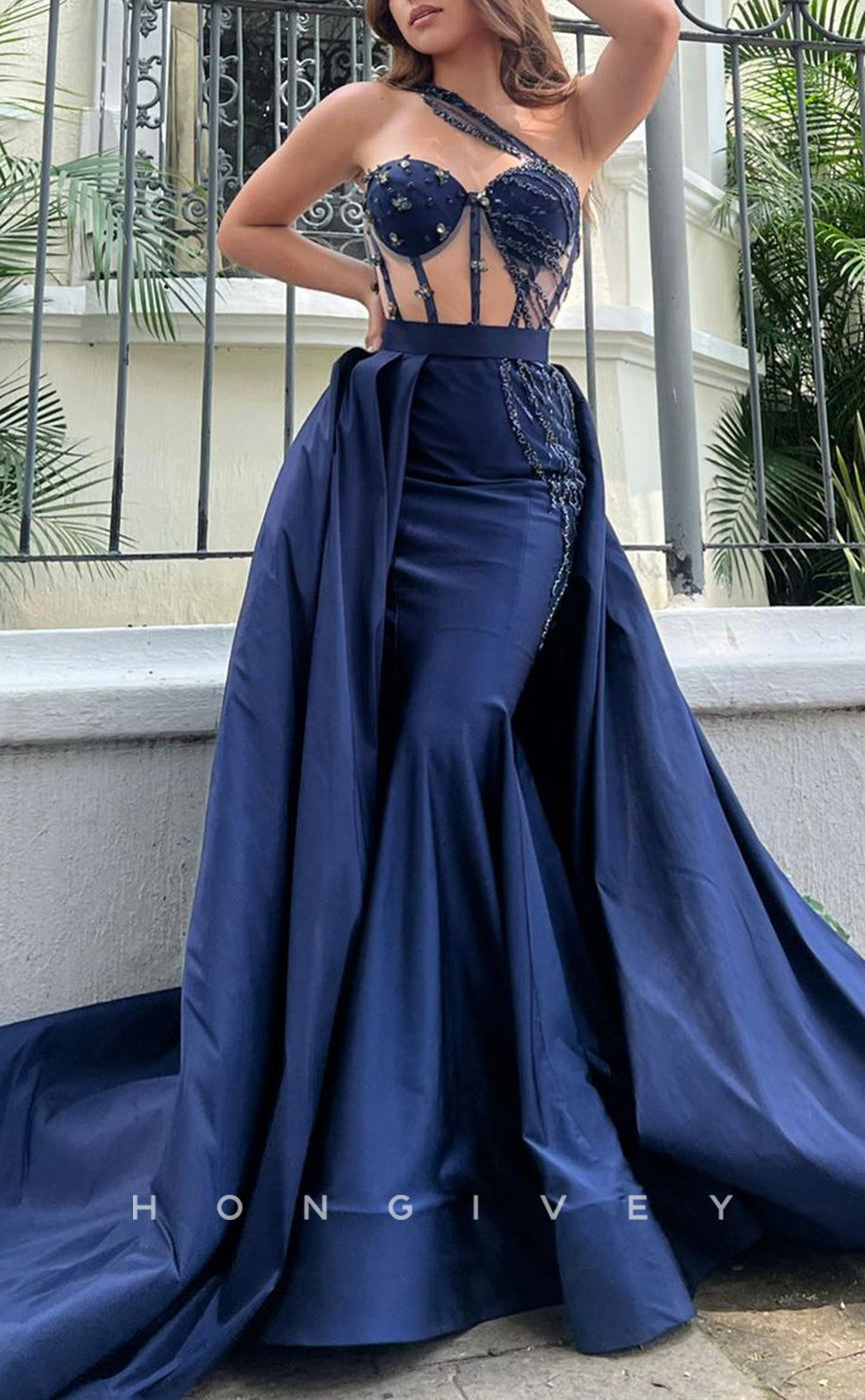 L1671 - Sexy Satin A-Line Off-Shoulder Illusion Empire Appliques Train Party Prom Evening Dress - Fashionpara