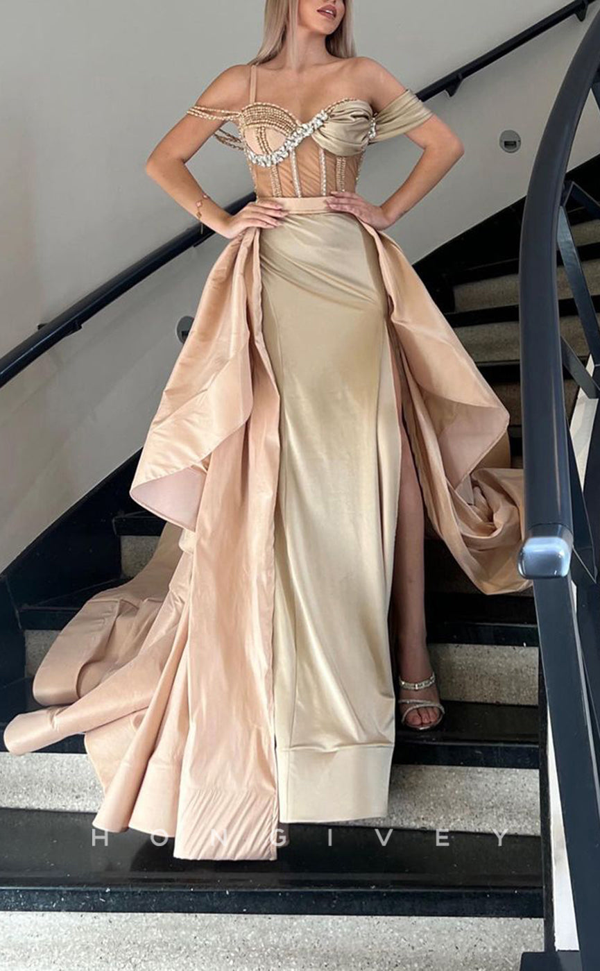 L1672 - Sexy Satin Off-Shoulder Beaded Illusion Empire Train Party Prom Evening Dress - Fashionpara