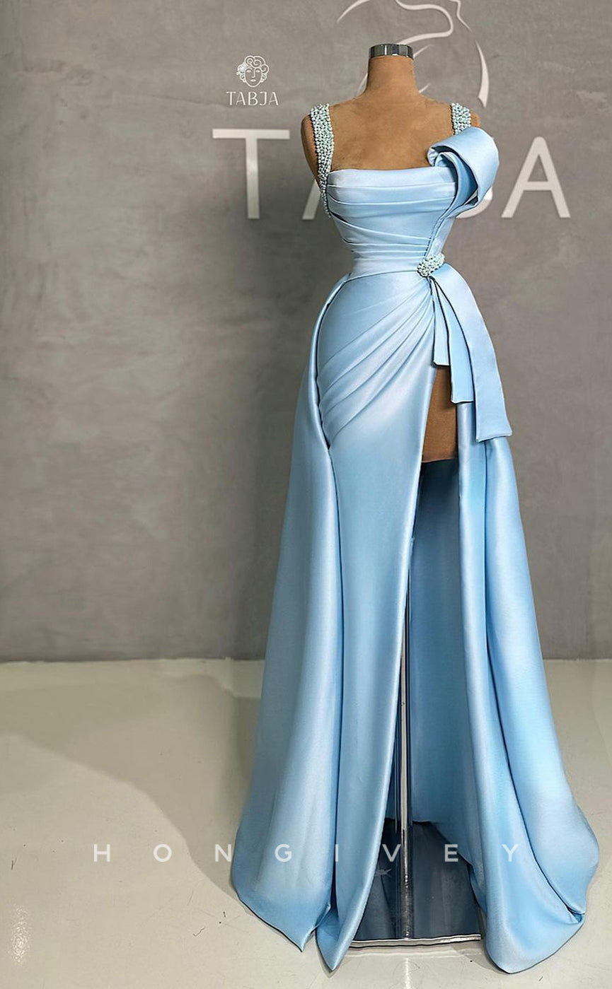 L1675 - Sexy Satin A-Line Square Straps Empire Ruched With Side Slit Party Prom Evening Dress - Fashionpara