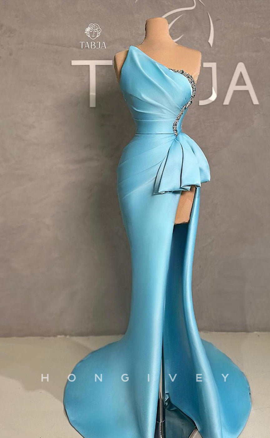 L1676 - Sexy Fitted Satin One Shouldre Empire With Side Slit Train Party Prom Evening Dress - Fashionpara