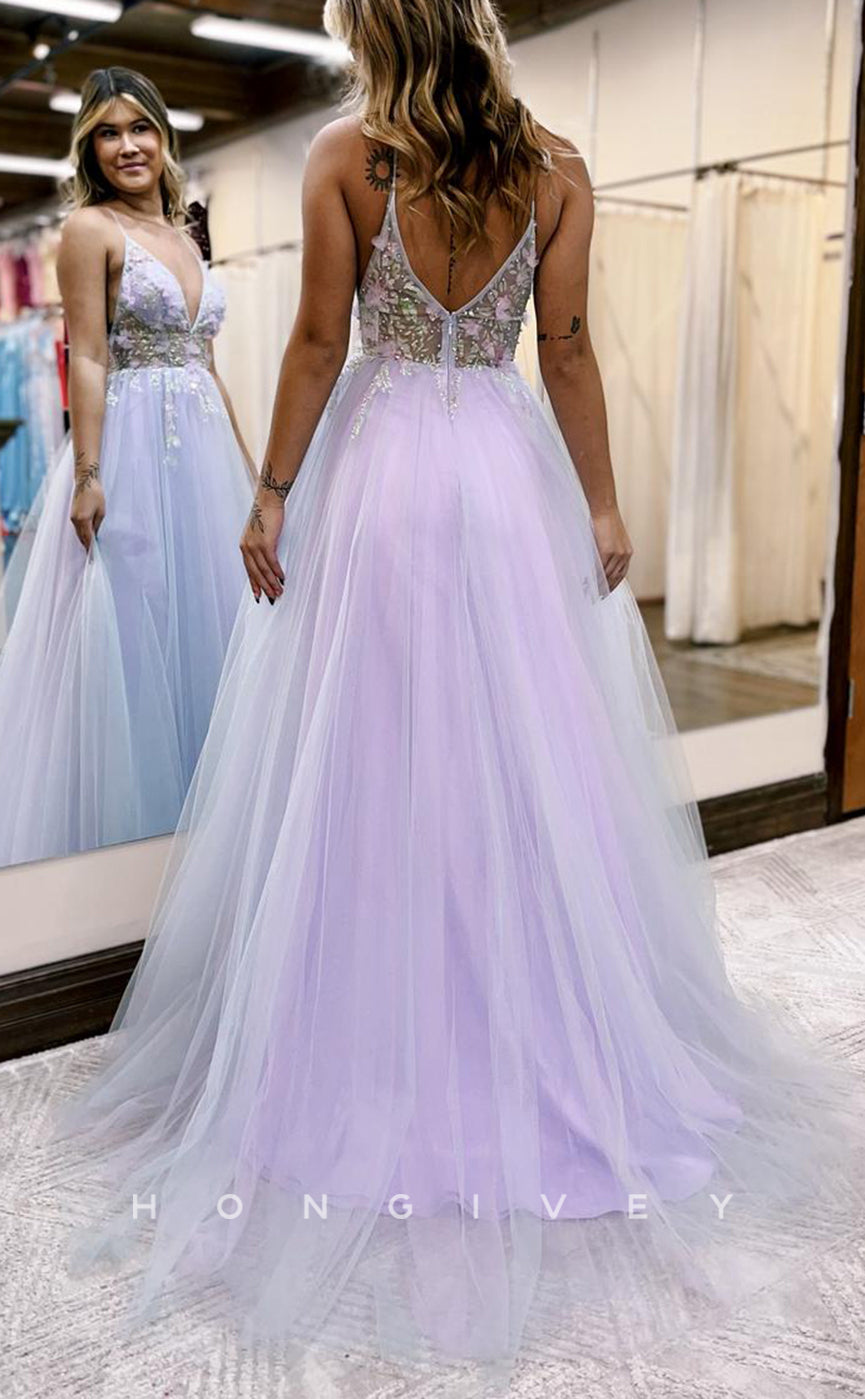 L1682 - Sexy Tulle A-Line V-Neck Spaghetti Straps Empire Floral With Side Slit Party Prom Evening Dress - Fashionpara