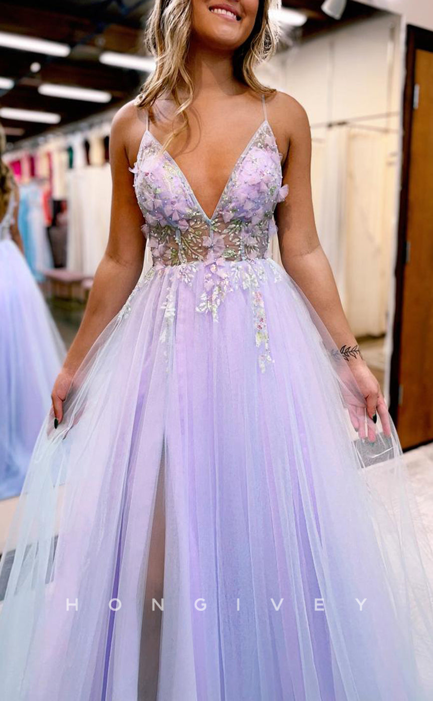 L1682 - Sexy Tulle A-Line V-Neck Spaghetti Straps Empire Floral With Side Slit Party Prom Evening Dress - Fashionpara
