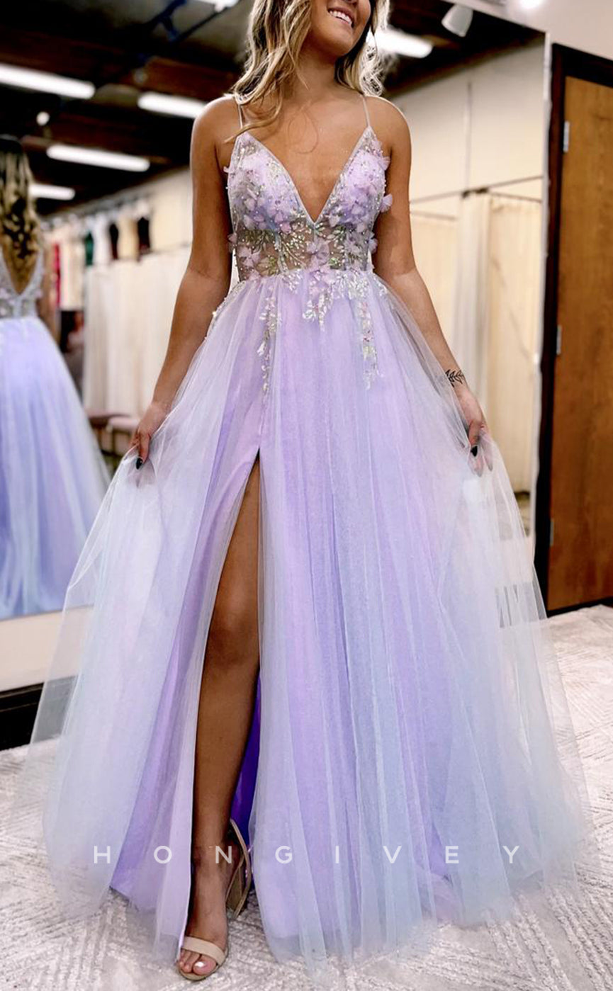 L1682 - Sexy Tulle A-Line V-Neck Spaghetti Straps Empire Floral With Side Slit Party Prom Evening Dress - Fashionpara