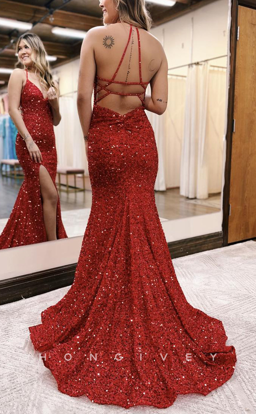L1688 - Sexy Trumpt Satin Glitter V-Neck Spaghetti Straps Fully Sequined With Side Slit Party Prom Evening Dress - Fashionpara