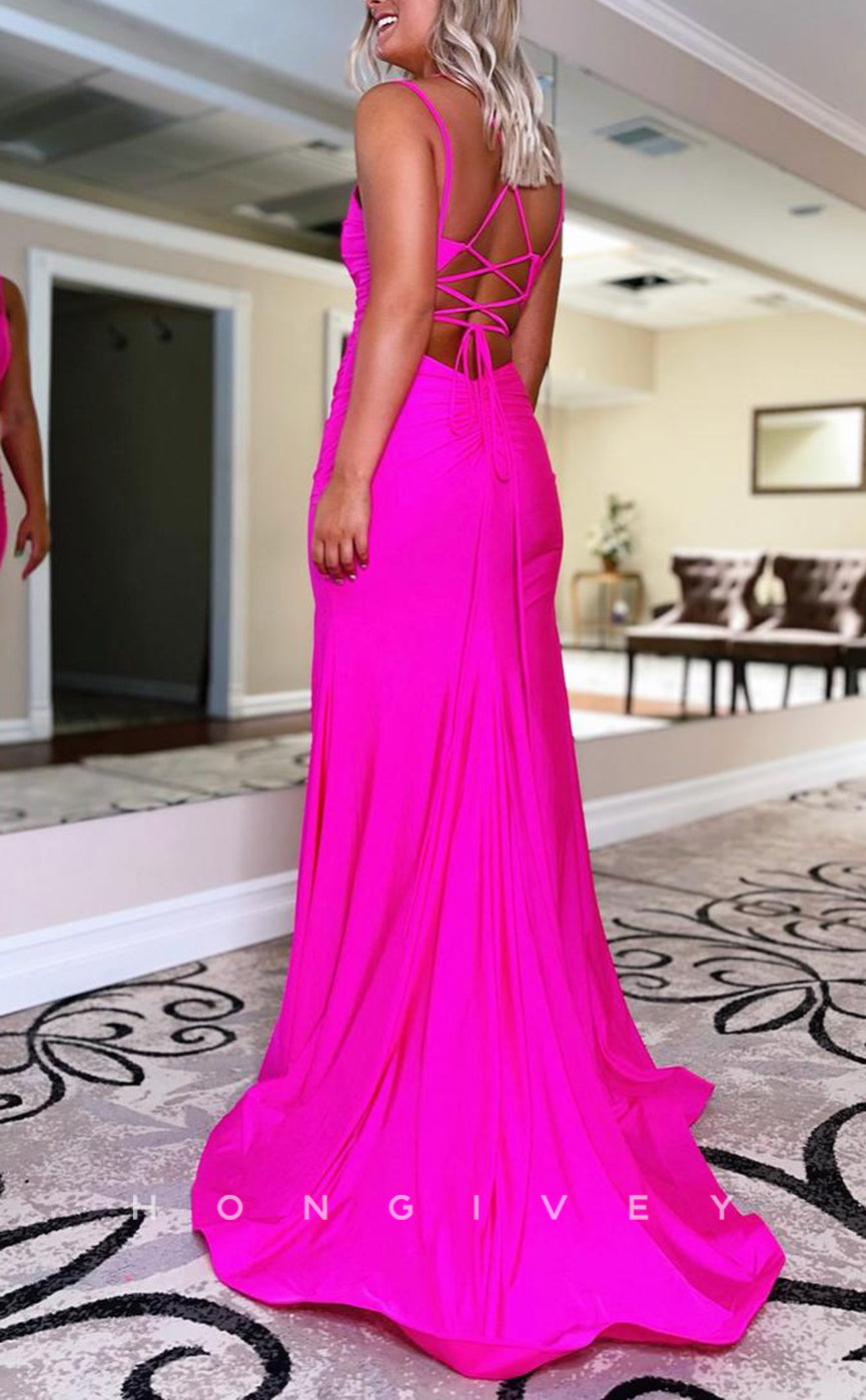 L1690 - Sexy Satin Trumpt Bateau Spaghetti Straps Empire With Side Slit Train Party Prom Evening Dress - Fashionpara