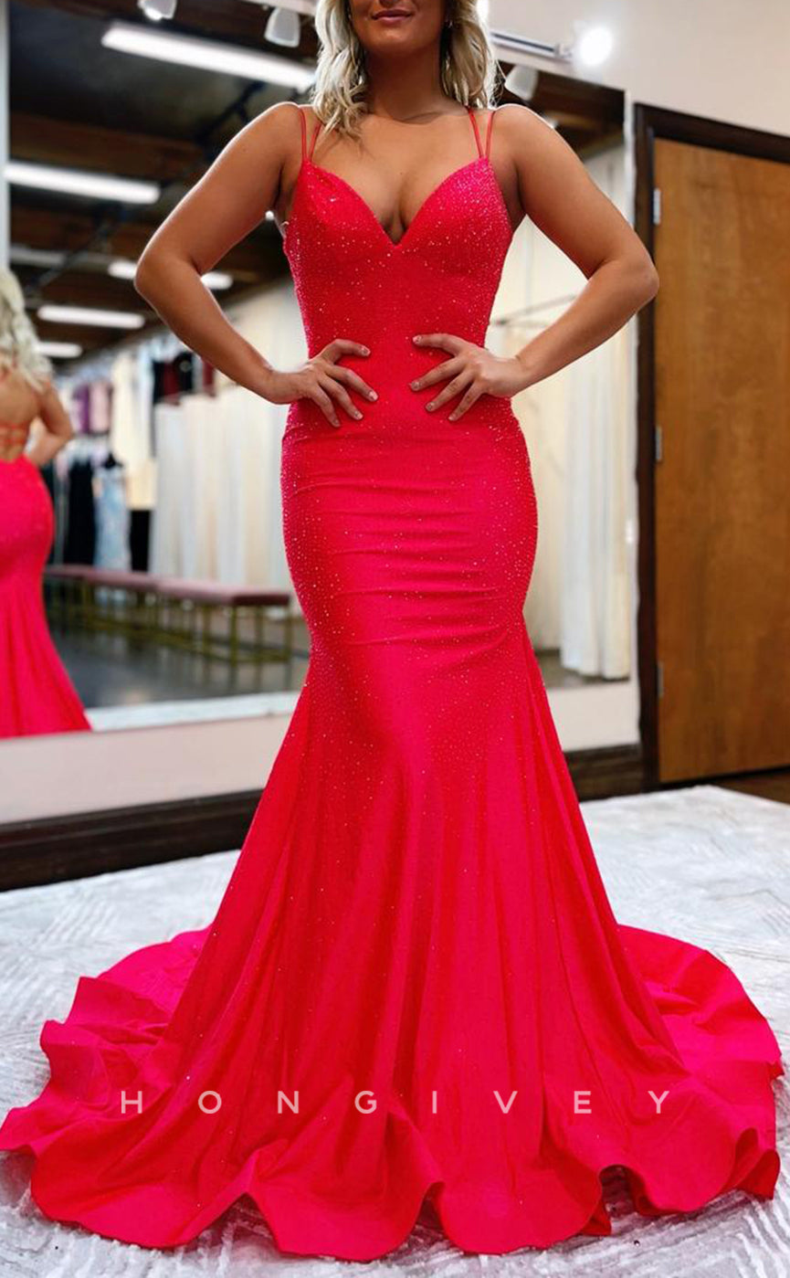 L1691 - Sexy Satin Trumpt Glitter V-Neck Spaghetti Straps Empire With Train Party Prom Evening Dress - Fashionpara