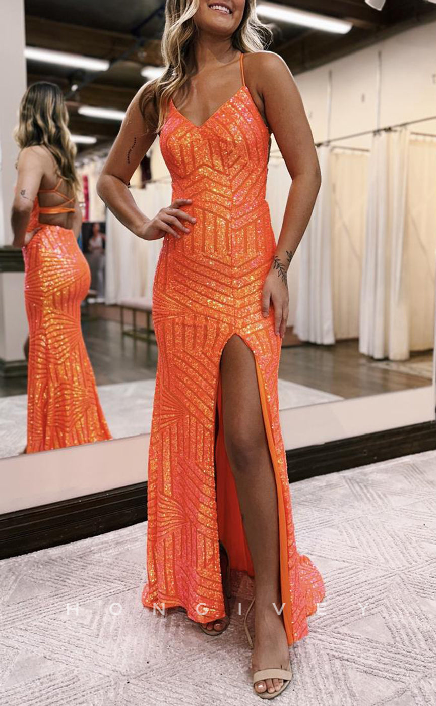 L1692 - Sexy Fitted Glitter V-Neck Spaghetti Straps Fully Sequined With Side Slit Party Prom Evening Dress - Fashionpara