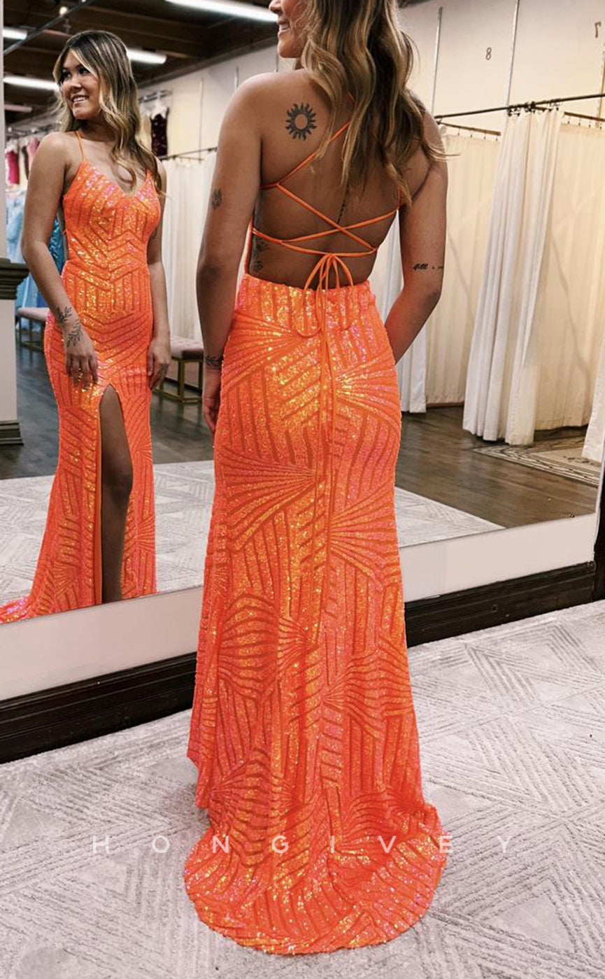 L1692 - Sexy Fitted Glitter V-Neck Spaghetti Straps Fully Sequined With Side Slit Party Prom Evening Dress - Fashionpara