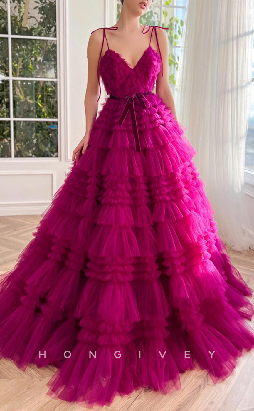 L1699 - Sexy Tulle A-Line Sweetheart Spaghetti Straps Empire Bowknot Tiered Party Prom Evening Dress - Fashionpara
