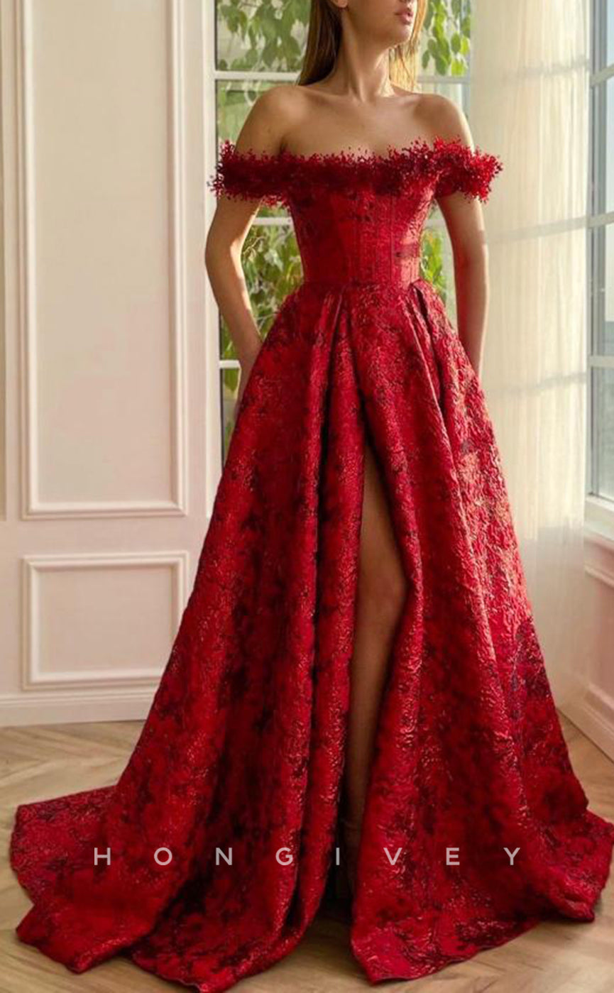 L1700 - Sexy Satin A-Line Empire Off-Shoulder Appliques With Side Slit Party Prom Evening Dress - Fashionpara