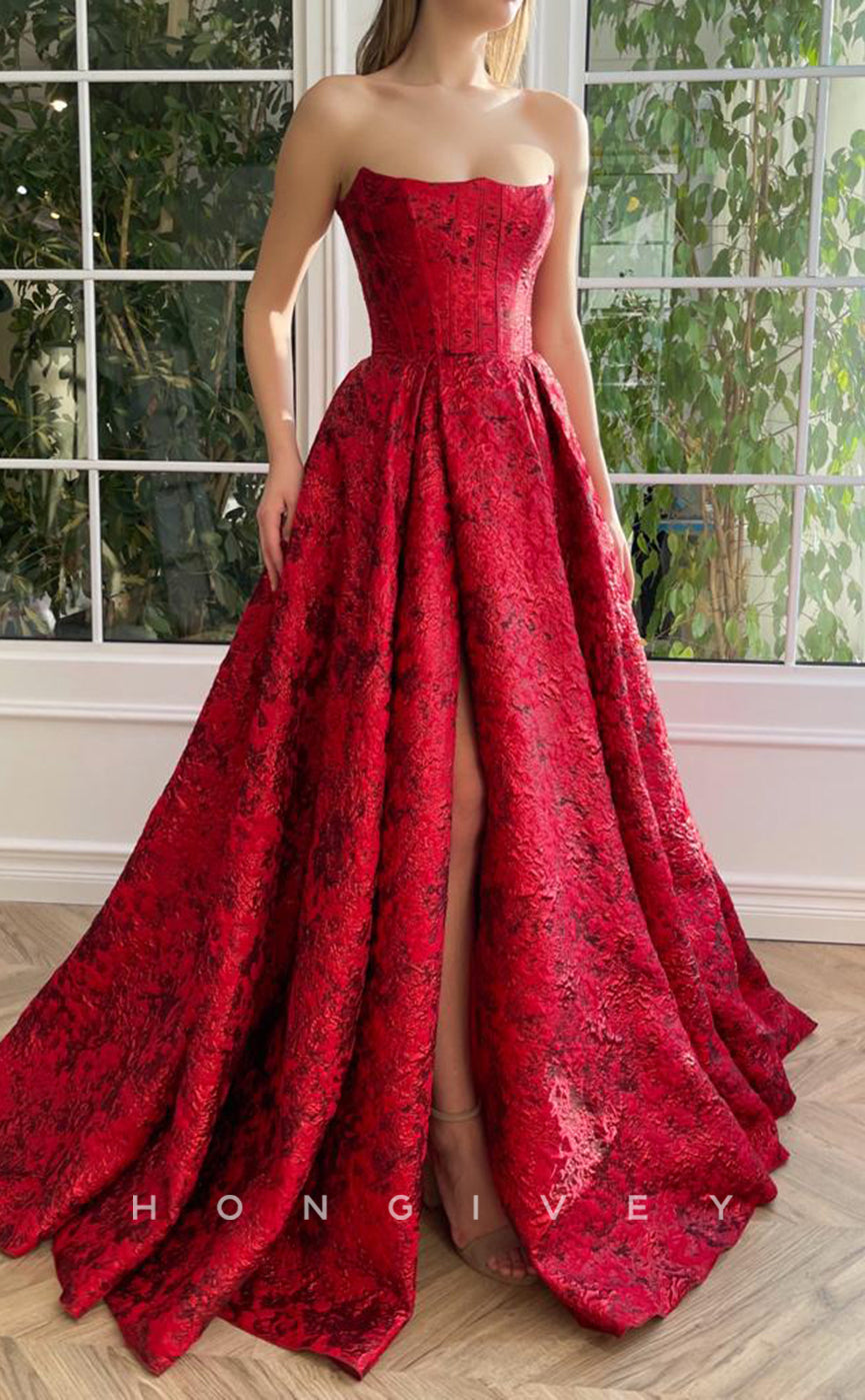 L1701 - Sexy Satin A-Line Bateau Empire Appliques With Side Slit Party Prom Evening Dress - Fashionpara