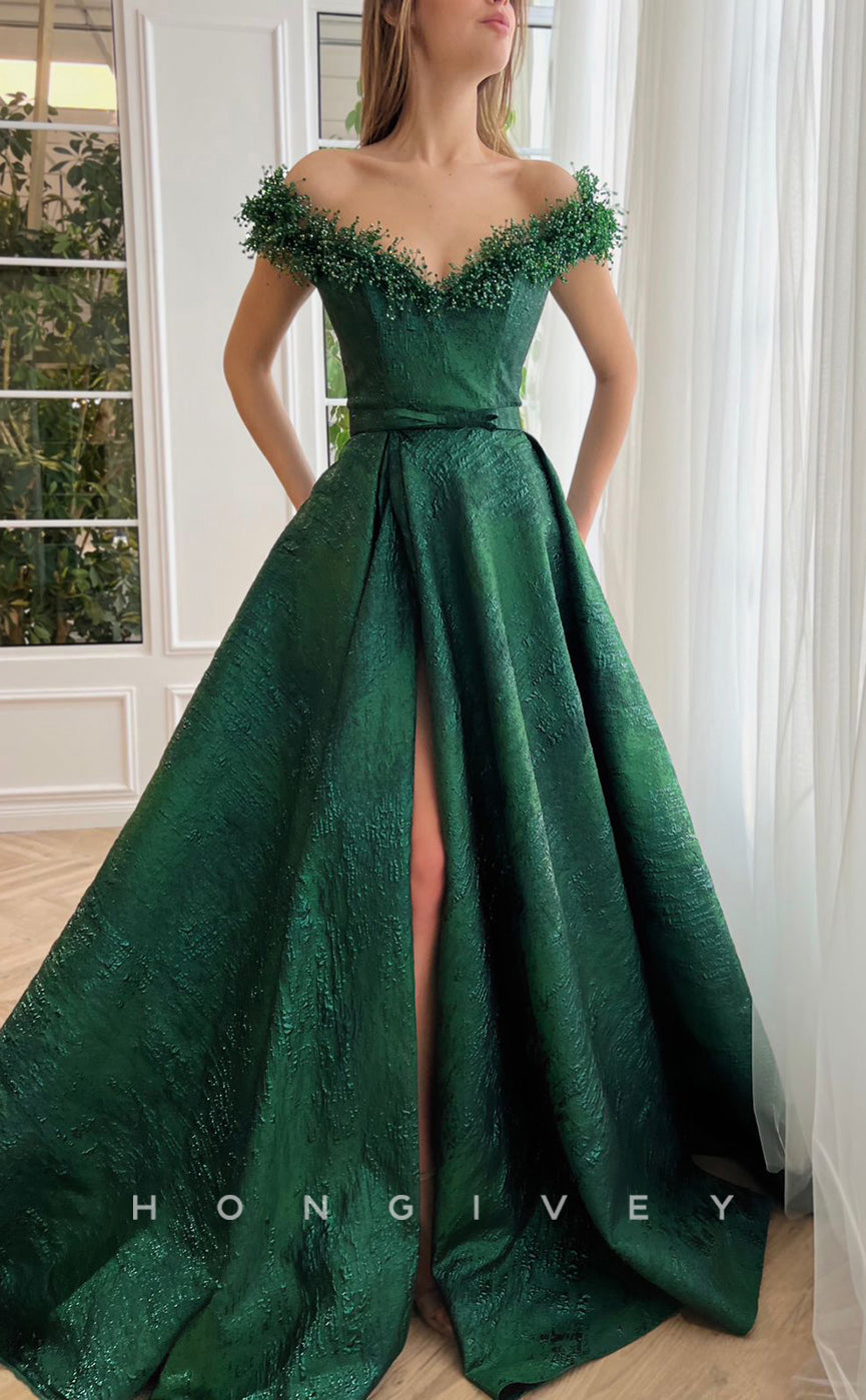 L1702 - Sexy Satin A-Line Off-Shoulder Empire Belt Beaded With Side Slit Party Prom Evening Dress - Fashionpara