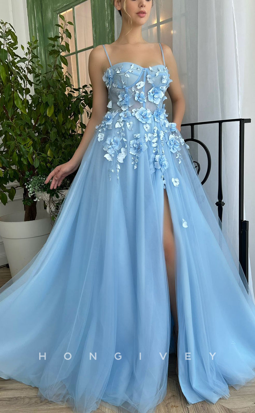 L1704 - Sexy Tulle A-Line Sweetheart Spaghetti Straps Empire Floral Embellished Party Prom Evening Dress - Fashionpara