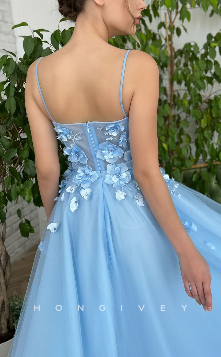 L1704 - Sexy Tulle A-Line Sweetheart Spaghetti Straps Empire Floral Embellished Party Prom Evening Dress - Fashionpara