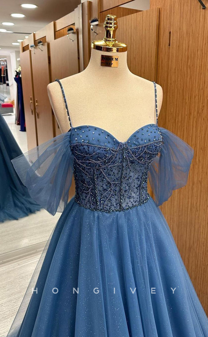 L1711 - Sexy Tulle A-Line Off-Shoulder Spaghetti Straps Empire Appliques Party Prom Evening Dress - Fashionpara