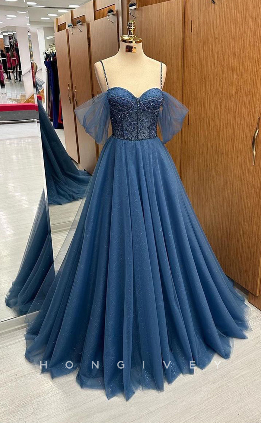 L1711 - Sexy Tulle A-Line Off-Shoulder Spaghetti Straps Empire Appliques Party Prom Evening Dress - Fashionpara