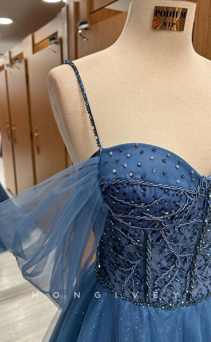 L1711 - Sexy Tulle A-Line Off-Shoulder Spaghetti Straps Empire Appliques Party Prom Evening Dress - Fashionpara
