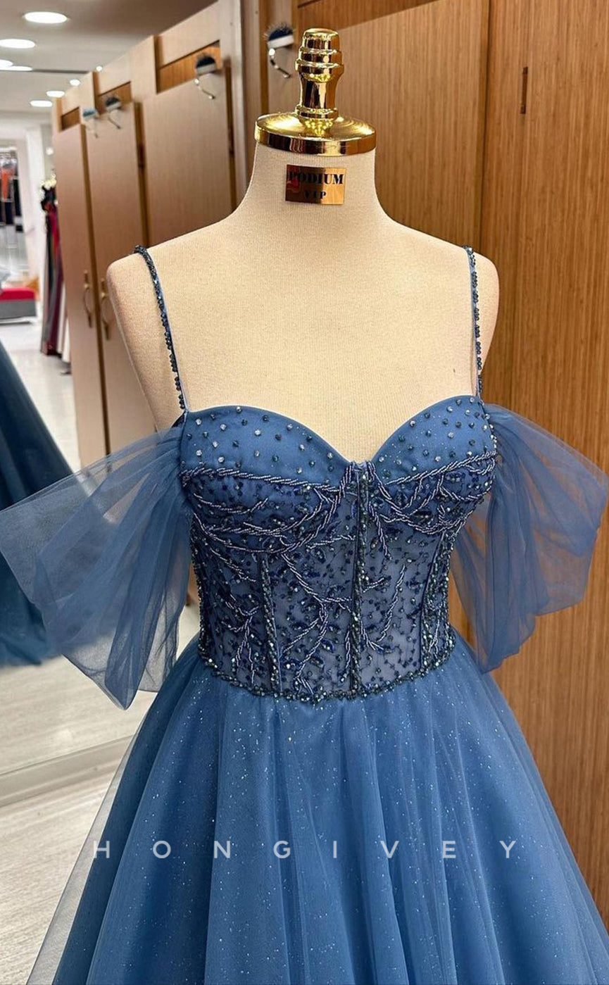 L1711 - Sexy Tulle A-Line Off-Shoulder Spaghetti Straps Empire Appliques Party Prom Evening Dress - Fashionpara