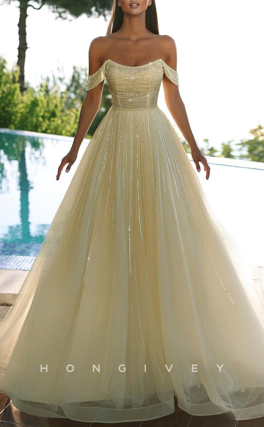 L1720 - Srxy Tulle Glitter A-Line Off-Shoulder Empire Ruched Beaded Party Prom Evening Dress - Fashionpara
