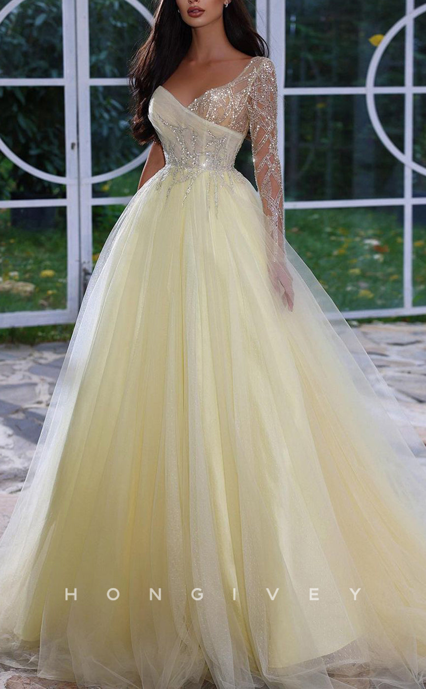 L1727 - Sexy Tulle A-Line Glitter One Shoulder Long Sleeve Empire Sequined Party Prom Evening Dress - Fashionpara