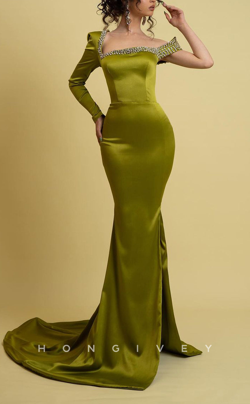 L1732 - Sexy Satin Fitted Asymmetrical Empire Beaded Long Sleeve With Train Party Prom Evening Dress - Fashionpara