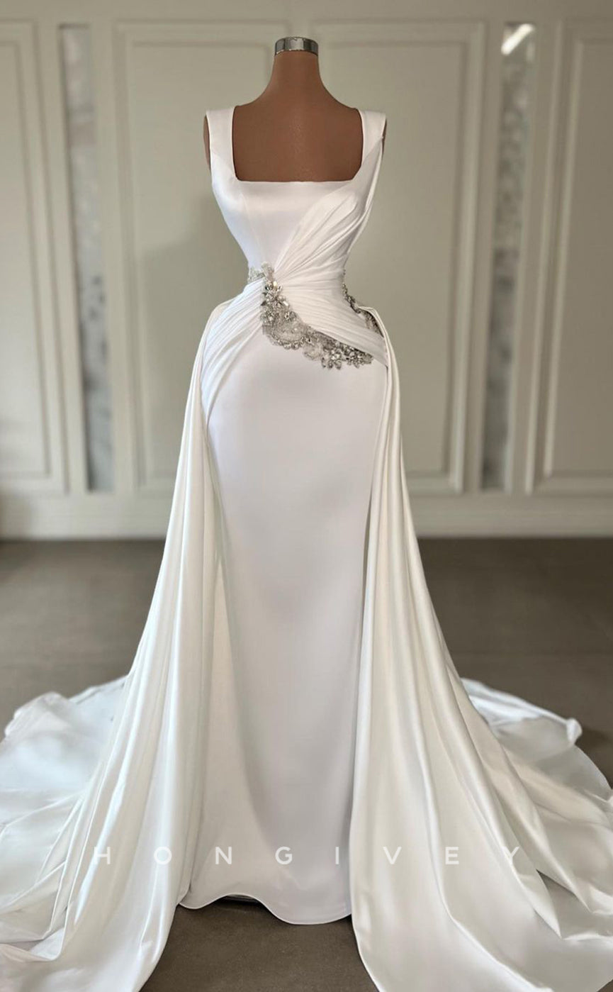 L1740 - Sexy Satin Fitted Glitter Square Straps Sleeveless Empire Ruched With Train Party Prom Evening Dress - Fashionpara