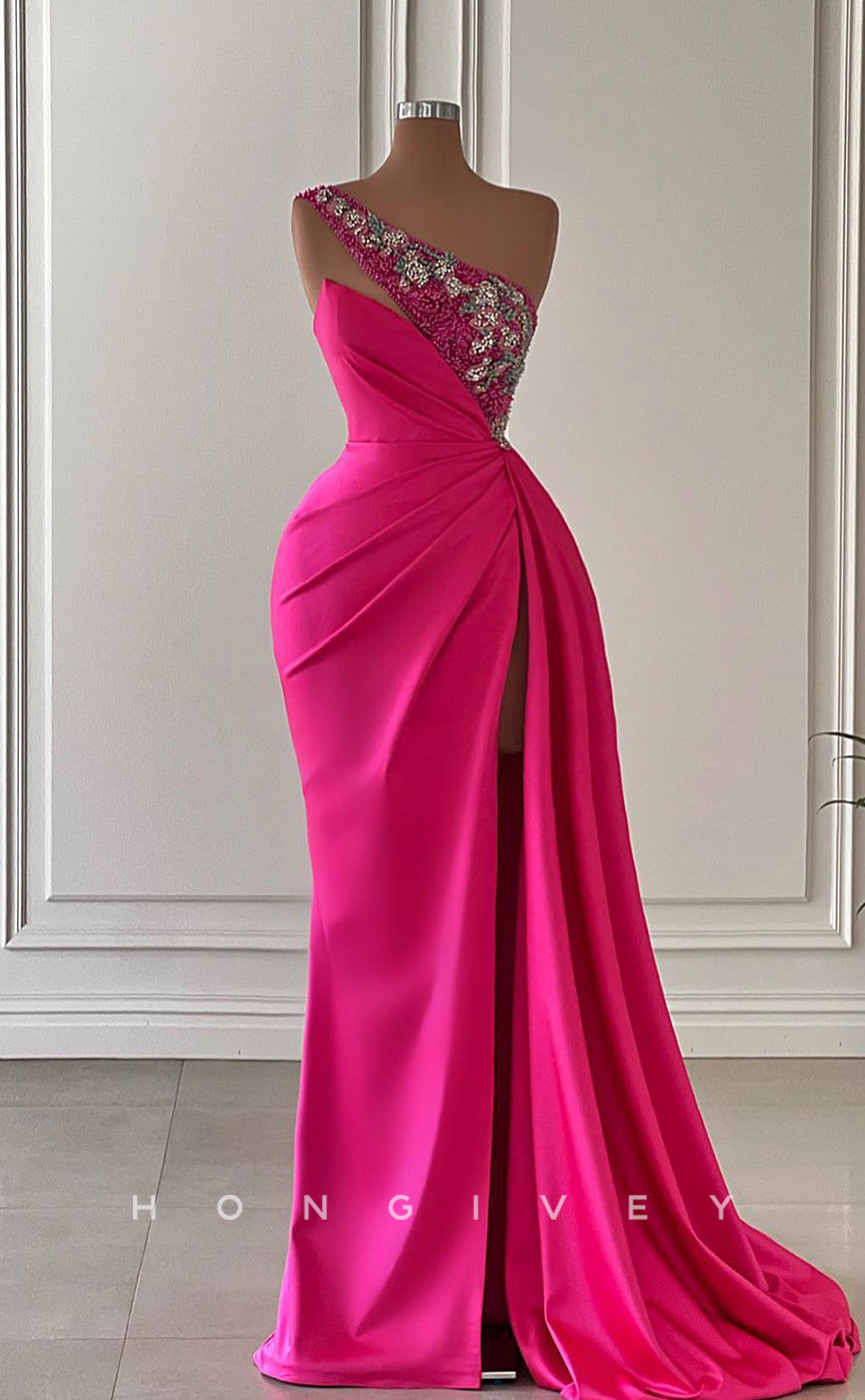 L1741 - Sexy Satin Fitted One Shoulder Sleeveless Empire Ruched Beaded Party Prom Evening Dress - Fashionpara