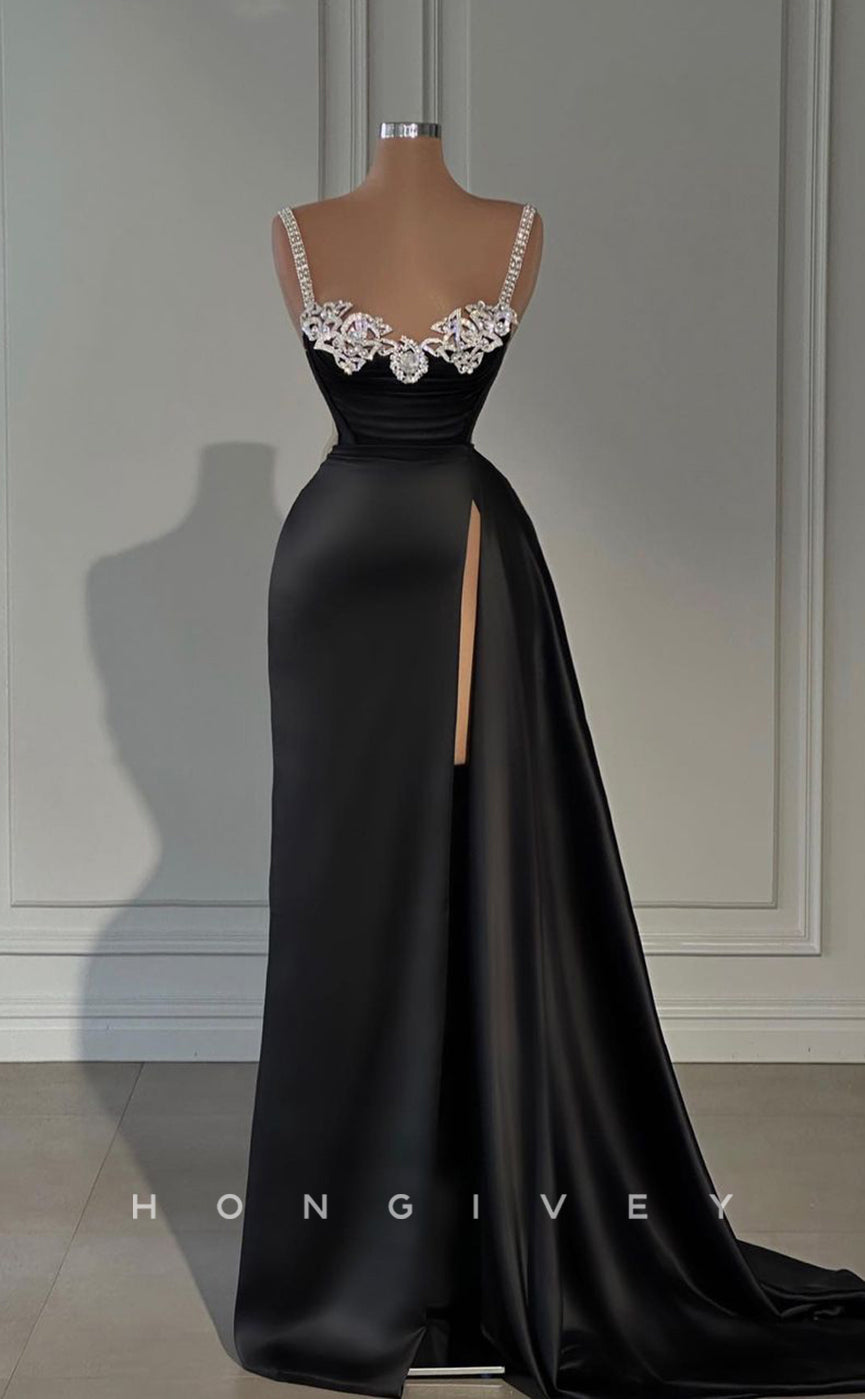 L1742 - Sexy Satin A-Line Sweetheart Spaghetti Straps Empire Beaded With Side Slit Party Prom Evening Dress - Fashionpara