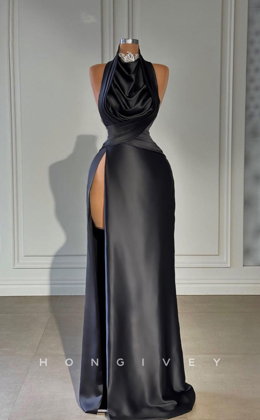 L1743 - Sexy Satin Fitter High Neck Sleeveless Ruched Empire With Side Slit Party Prom Evening Dress - Fashionpara