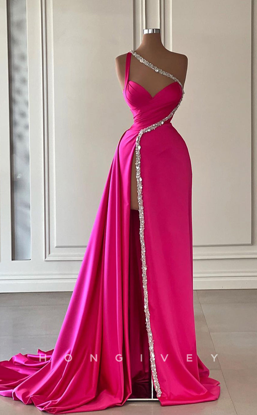 L1744 - Sexy Satin A-Line One Shoulder Empire Sleeveless Ruched Beaded With Side Slit Prom Evening Dress - Fashionpara