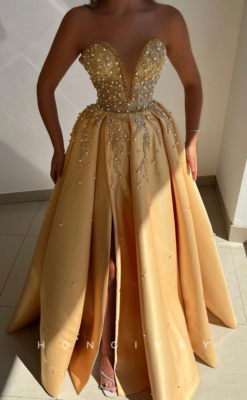 L1746 - Sexy Satin Glitter A-Line V-Neck Strapless Sleeveless Empire Beaded Party Prom Evening Dress - Fashionpara