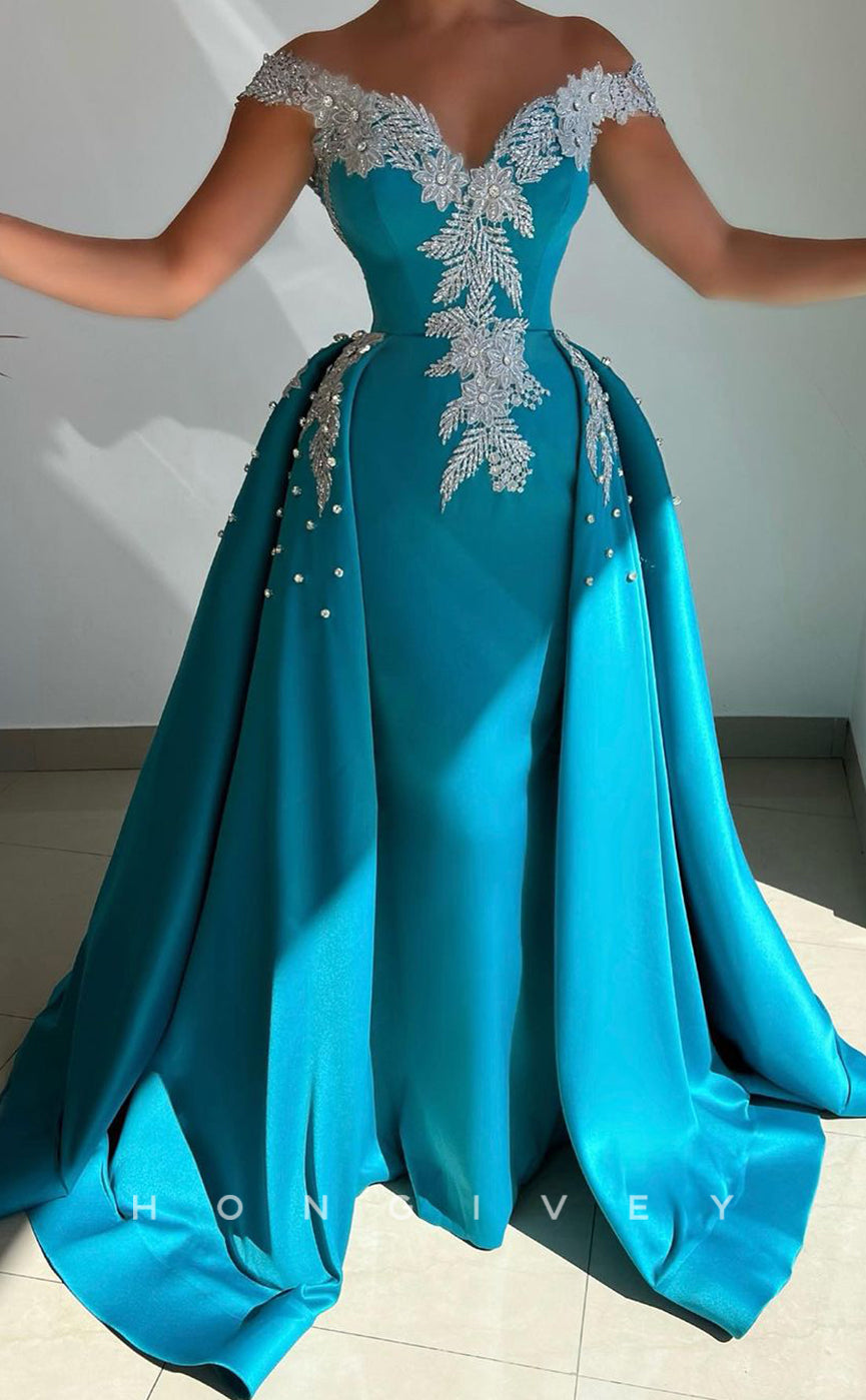 L1748 - Sexy Satin A-Line Off-Shoulder Empire Beaded Appliques With Train Party Prom Evening Dress - Fashionpara